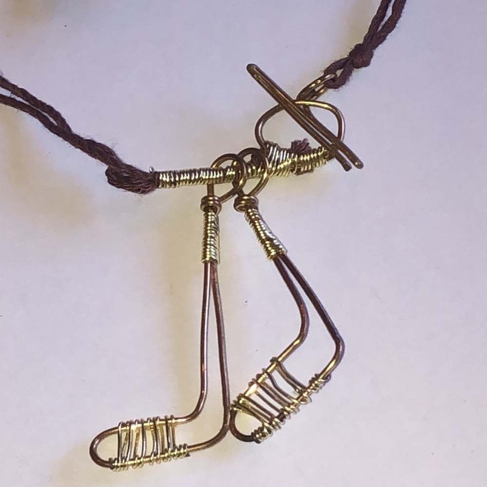 Wire Hockey Stick Brown Cord Boho Necklace - Picture 3 of 7